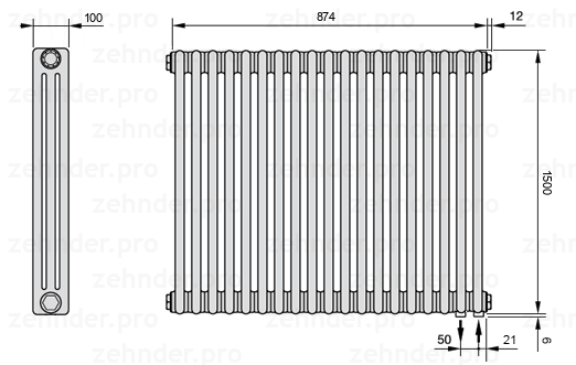 Схема (чертеж) Радиатор Zehnder Charleston 3150/19 №5510 Белый глянцевый RAL 9016